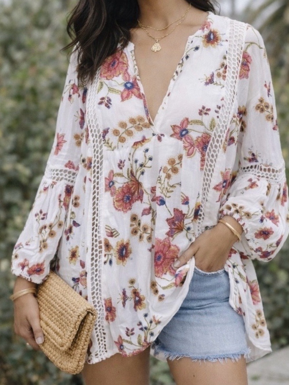Free People White Floral Crochet-Trim Peasant Tunic